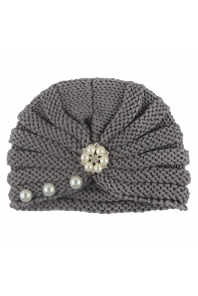 Superbaby Gray crocheted turban hat with pearls and rhinestones