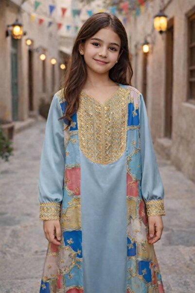 La reina petite Blue embroidered jalabiya for the intricate age group and for veiled women from Larina Petite