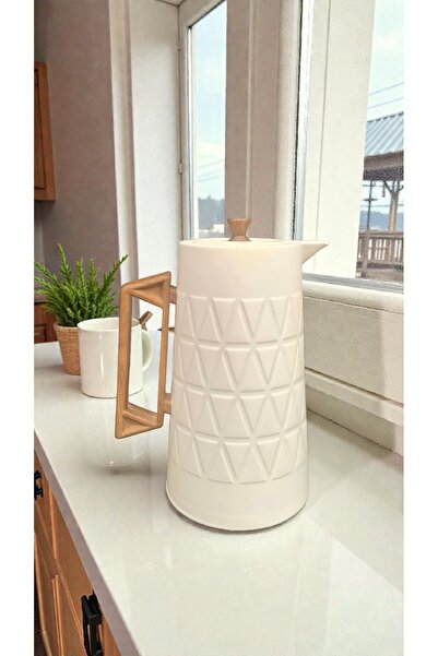 AR HOME 1-liter tea/coffee thermos, White color, with a wooden handle