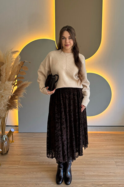 Aventien Floral Patterned Asymmetrical Long Brown Tulle Skirt