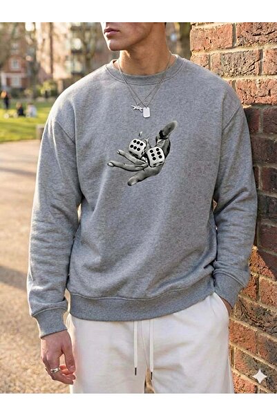 Trend Sizde Unisex Gray Dice Printed Casual Crew Neck Sweatshirt for Fall Winter