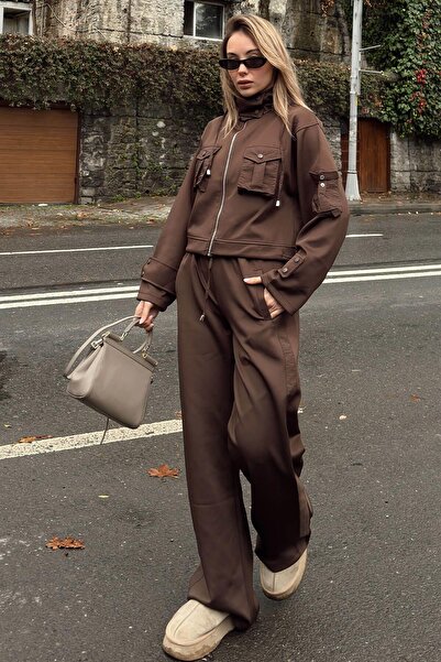 Swist Brown Scuba Hooded Zippered Crop Pants Women's Bottom Top Set with Pockets