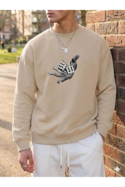 Trend Sizde Unisex Beige Dice Printed Casual Crew Neck Sweatshirt for Fall an...
