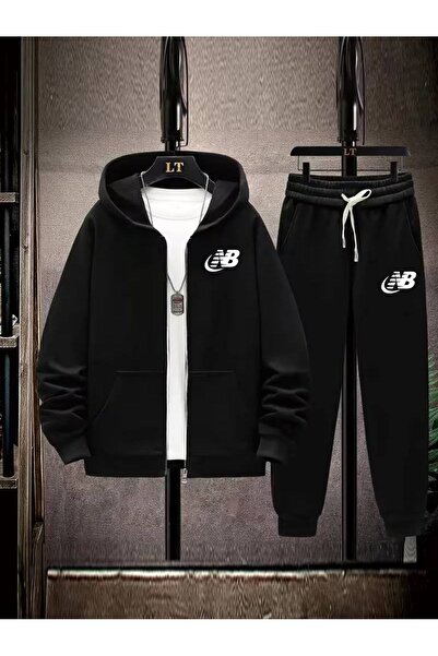 CLASSY.MODA Men's Zippered Hooded Minimal Logo Printed Tracksuit Set