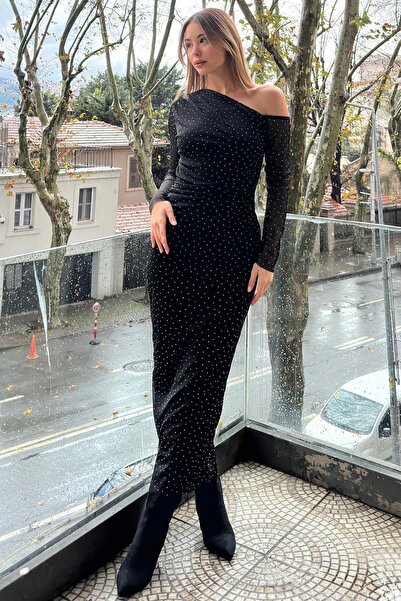 Swist Black One Shoulder Draped Stone Detail Women's Midi Tulle Dress