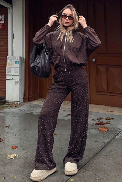 Swist Brown Full Stone Hooded Zippered Cardigan Sweatpants Women's Bottom Top...