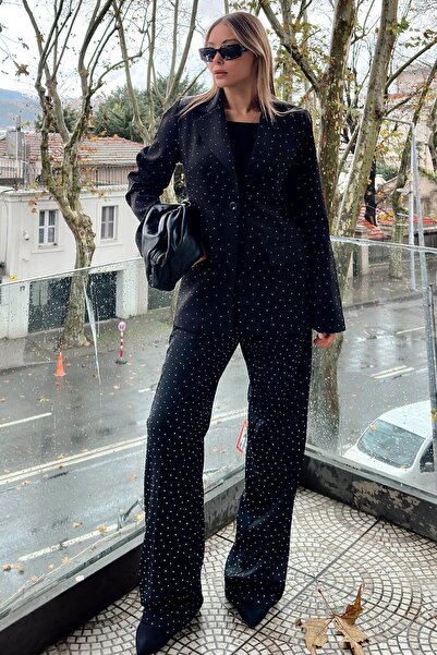 Swist Black Full Stone Blazer Jacket High Waist Pants Women's Bottom Top Set