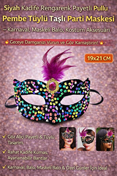 Tamsena Store Siyah Kadife Rengarenk Payetli Pullu Pembe Tüylü Taşlı Parti Ma...