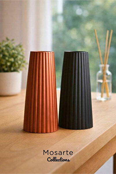 Mosarte Ribbed Striped Design Modern Decorative Vase Set of 2 - Copper / Blac...
