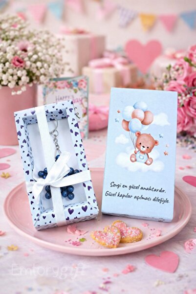 Emtory Home 1 Adet Mavi Ayıcık Kutulu Ahşap Anahtarlık - Beyaz Kurdeleli Mevl...