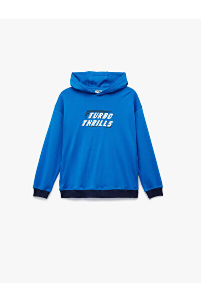 Koton سترة قطنية مطبوع بغطاء للرأس قصة فضفاضة أزرق بلون الكوبالت للأولاد 6WKB...