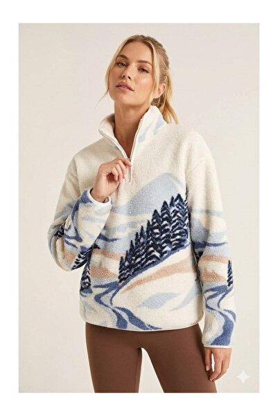 MATTİMODA Kadın Dağ Desenli Yarım Fermuar Peluş Sweatshirt