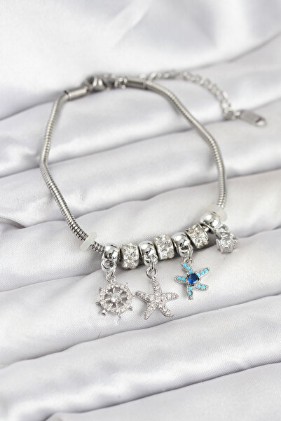 FREEDOM STOREE Brass Silver Color Sea Theme Charm Women's Bracelet