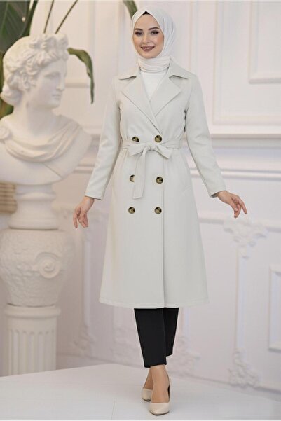 TRENDTESETTÜR KADIN BEJ (TAŞ) KRUVAZE YAKA KUŞAKLI TRENÇKOT T 3585