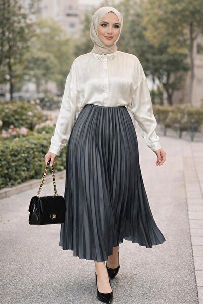 TRENDTESETTÜR KADIN GRİ (ANTRESİT) PİLİSELİ ETEK T 0654