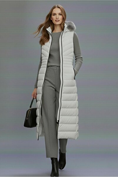 TRENDTESETTÜR KADIN GRİ (A.GRİ) KAPÜŞONLU UZUN ŞİŞME YELEK T 4819