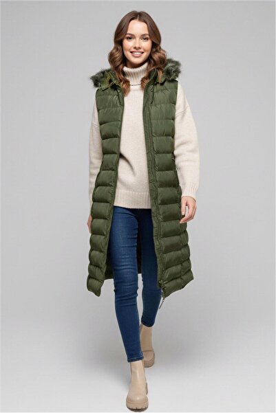 TRENDTESETTÜR KADIN HAKİ KAPÜŞONLU ŞİŞME YELEK T 5819