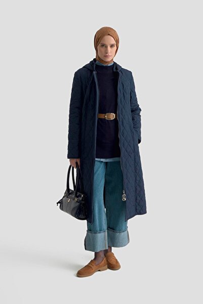 Armine TREND Baklava Desenli Boydan Fermuarlı Kemerli Kapitone Mont Lacivert ...