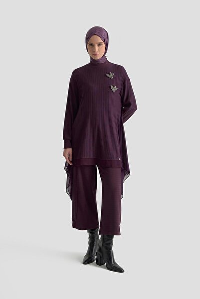 Armine TREND Kendinden Çizgili Broş Detaylı Asimetrik Kesim Pantolonlu İkili ...