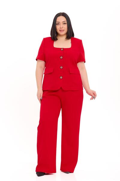 DISENTIS MODEST Plus Size Short Sleeve U-Neck Red Jacket Pants Two-Piece Suit
