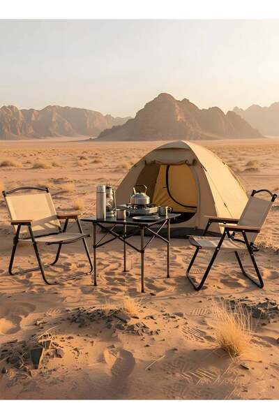 Taimi 3-piece camping set: Folding height-adjustable table (60x51x53) with 2 folding chairs - Beige/Black