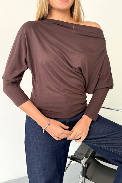 GİYSA Women's Asymmetrical Neck Long Sleeve Basic Blouse Brown 26K 2536
