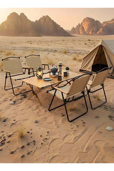 Taimi 5-piece camping set: Folding height-adjustable table (120x60x45) with 4 folding chairs - Beige