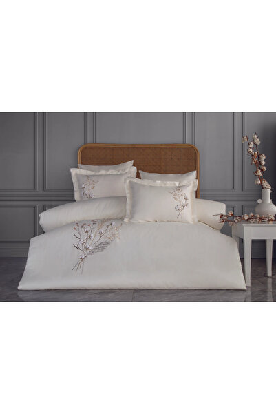 Dantela Moneda Nakışlı Pamuk Saten Çift Kişilik Nevresim Takımı-Bej