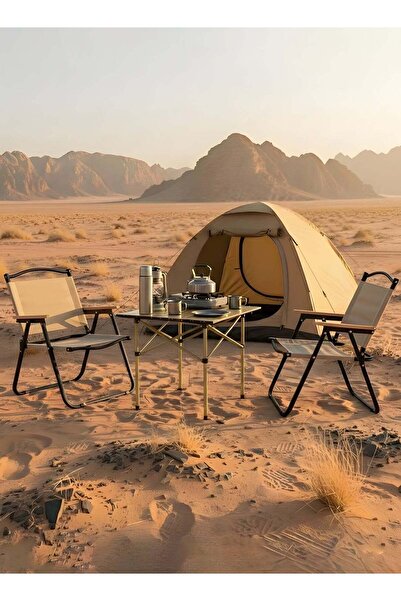 Taimi 3-piece camping set: Folding height-adjustable table (53x51x60) with 2 folding chairs - Beige