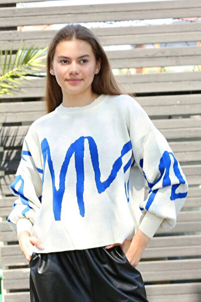 Işıltı kidss Blue Striped Crew Neck Sweater White