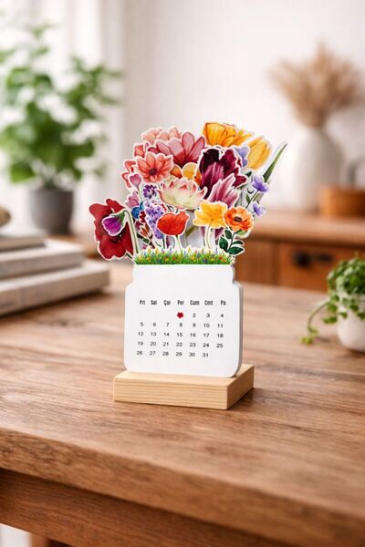 MirayDesign Çiçekli Dekoratif Masa Takvimi – Ahşap Standlı, Parlak Fotoğraf K...