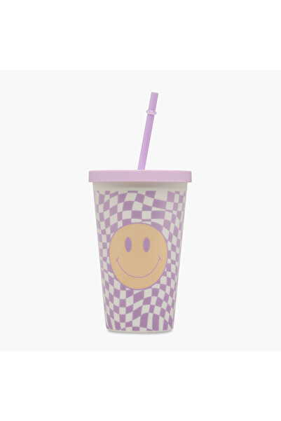 Lifestyle Smiley Print Double Wall Tumbler with Straw - 450 ml
