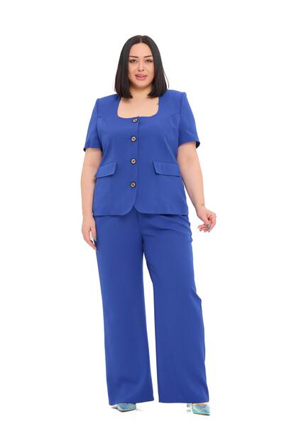 DISENTIS MODEST Plus Size Short Sleeve U-Neck Cobalt Blue Jacket Trousers Two...