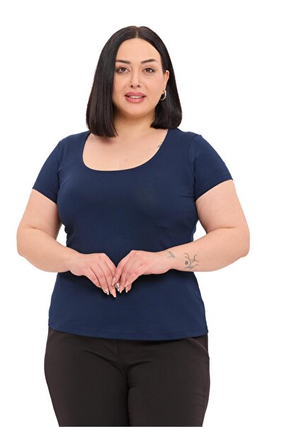 DISENTIS MODEST Plus Size U-Neck Short Sleeve Viscose Navy Blue Bodysuit
