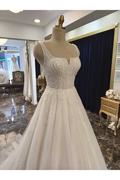 DOKKA WEDDİNG KARE YAKA YOĞUN SİMLİ DETAYLI BEDEN İŞLEMELİ A KESİM SIRTI BAĞL...