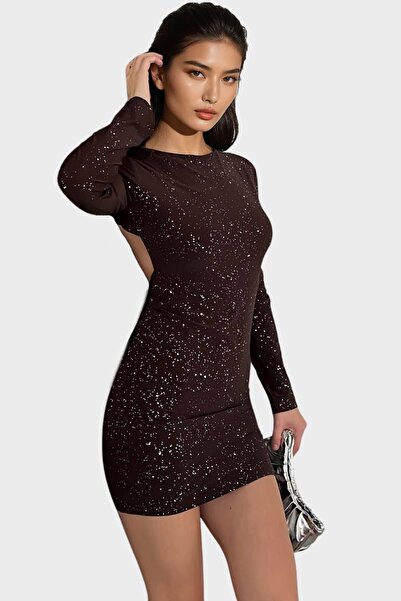 Trend Alaçatı Stili Women's Bitter Brown Backless Glitter Mini Dress Alc-X14830