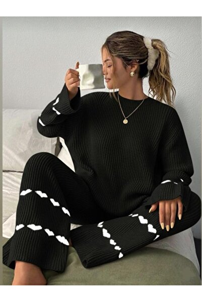 rengamoda Women's heart patterned sweater and pants two-piece knit set