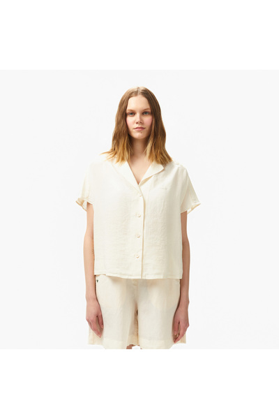 Lacoste Kadın Regular Fit Kısa Kollu Keten Beyaz Gömlek