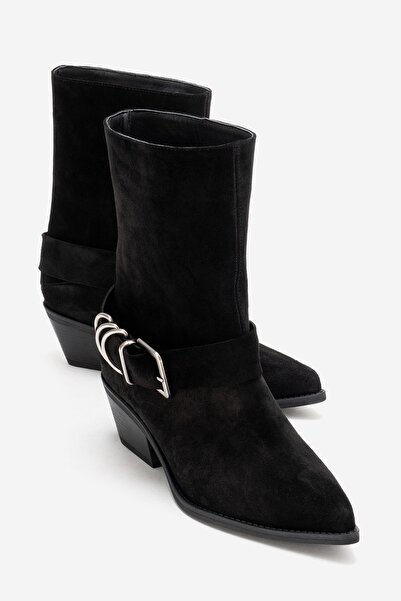 LuviShoes Velmor Black Suede Genuine Leather Buckle Women's Western Boots