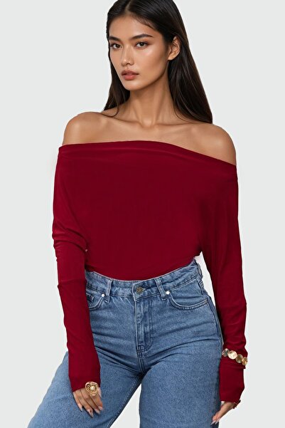 Trend Alaçatı Stili Women's Burgundy Boat Neck Off-The-Shoulder Batwing Sleev...