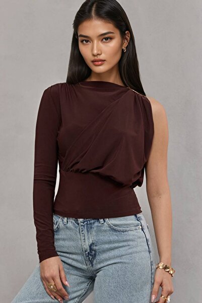 Trend Alaçatı Stili Women's Bitter Brown One-Shoulder Accessory Detailed Blou...