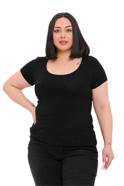 DISENTIS MODEST Plus Size U-Neck Short Sleeve Viscose Black Bodysuit