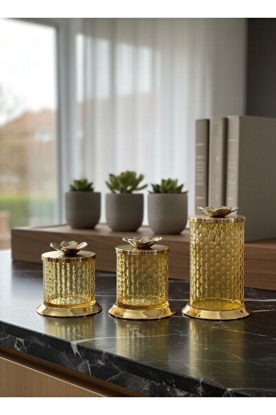 Elista 3-Piece Decorative Glass Jar with Metal Lid + Plate Almond Decor Honey...