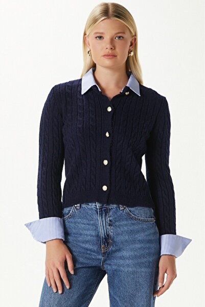 Ritnice Rhodes Shirt Collar Sleeve Detailed Navy Blue Knitwear Cardigan