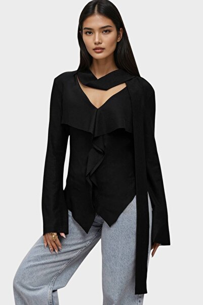 Trend Alaçatı Stili Women's Black Asymmetrical Cut Neck Design Ruffle Front B...