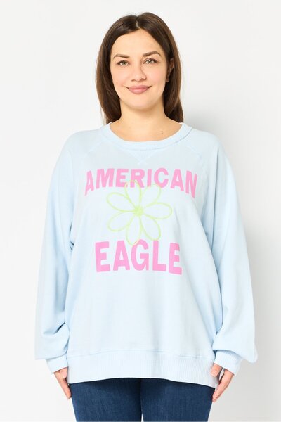 AMERICAN EAGLE Women Crew Neck Long Sleeve Graphic Print Sweatshirt, Blue
