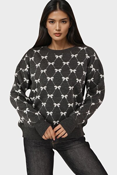 Trend Alaçatı Stili Women's anthracite crew neck ribbed knit sweater with rib...