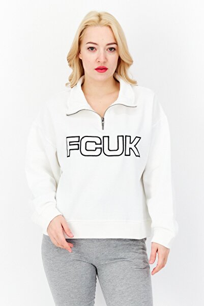 French Connection Women Mock Neck Long Sleeve Brand Logo Sweatshirt, White/Black