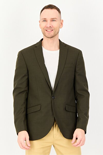 TopMan Men Regular Fit Notched Collar Plain Blazer, Olive