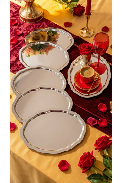 AKSESUAR EVRENİ Ovaldi Stainless Steel Oval Coffee Presentation Tray Serving ...